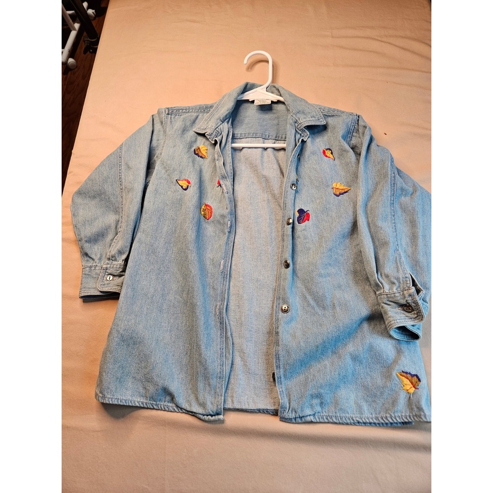 Garnet Hill Womens Denim Shirt Dress Leaves Embroidered Button‎ Down Top